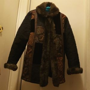 1 Madison Tapestry Patchwork Coat Jacket with Faux Fur Trim Medium